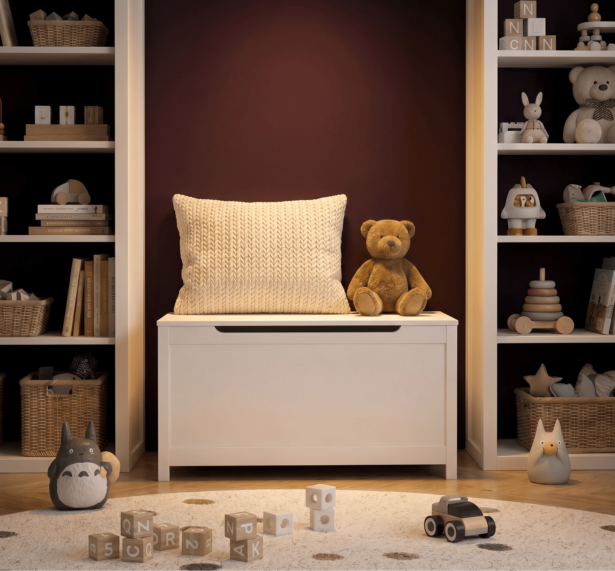 White storage toys bench with a pillow and teddy bear in a room with shelves and toys.